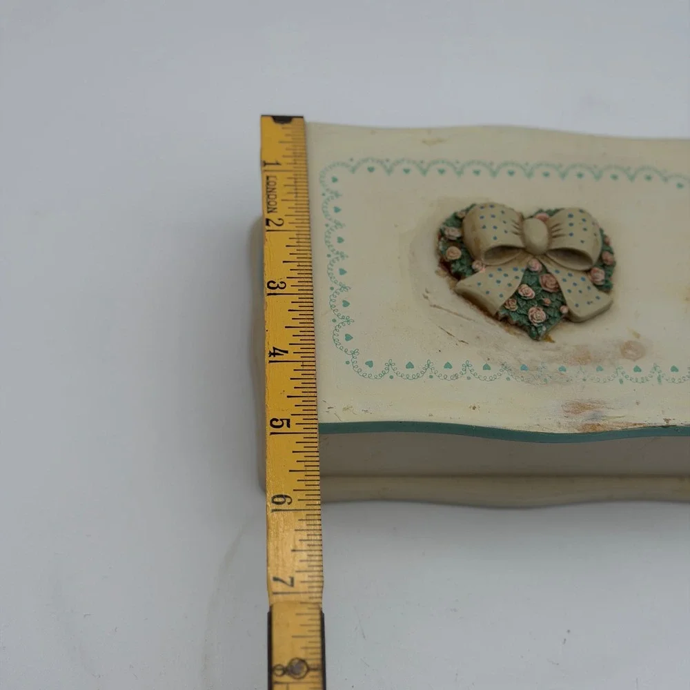 Vintage Shabby Chic Wooden Jewelry Box Cream Teal Floral Bow Heart Detail Taiwan